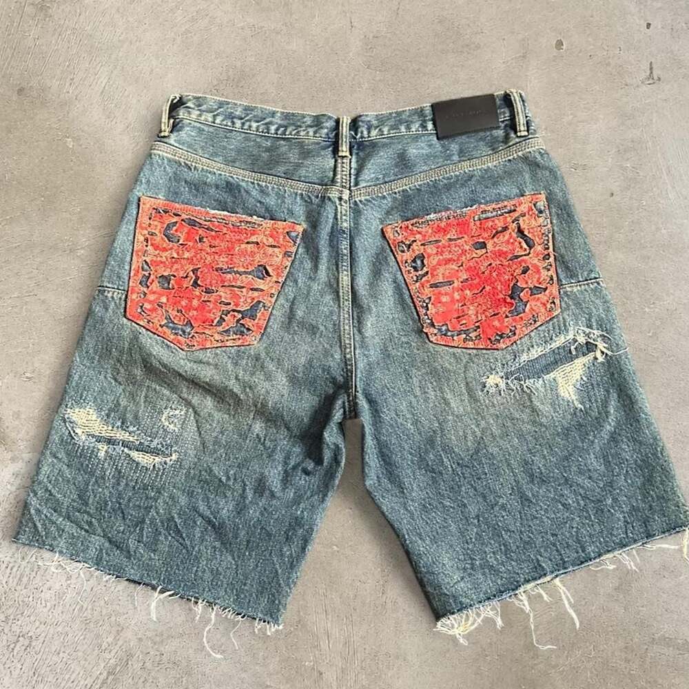 Purple Brand P021 Distressed Denim Shorts Red Bandana Patchwork Size 34